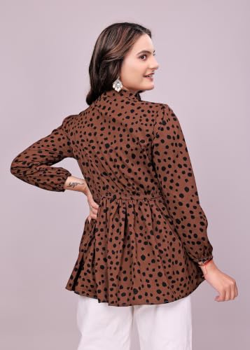 Image of NEW Women's Stylish Brown Polka Dot Crepe Fabric Tunic Top | Full Sleeves Collared Neck Peplum | Flared Fit Trendy Ladies Top