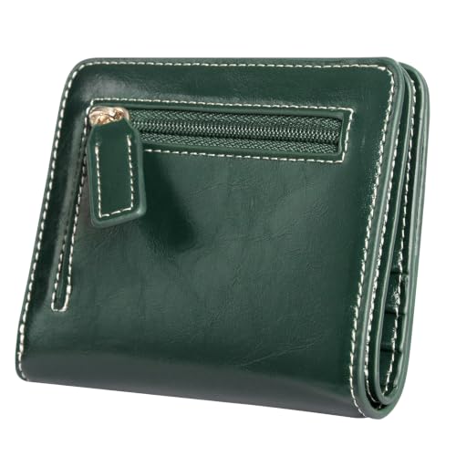 Image of Itslife Women's RFID Blocking Small Compact Bifold Waxed Leather Pocket Wallet Ladies Mini Purse with ID Window (Dark Green)