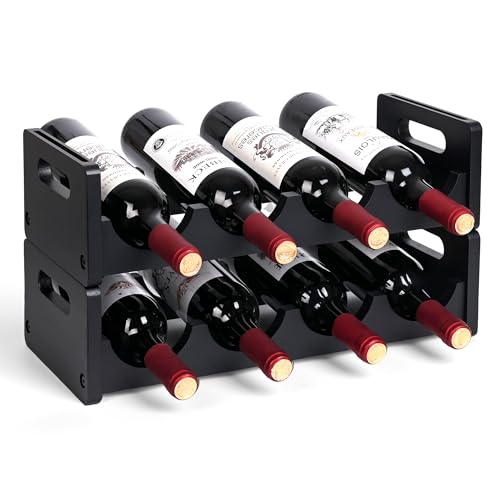 Countertop Wine Rack – 8 Bottle Wine Bottle Holder Stand – 2 Tier Wooden Wine Storage Rack – Stackable Wine Organizer for Cabinet Pantry Home Kitchen Bar (Black, 2 Tier-8 Bottles)