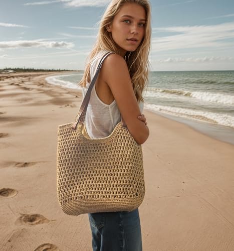 Crochet Beach Bag for Women - Summer Mesh Beach Tote Bag Boho Woven Purse Shoulder Handbags for Vacation Travel2