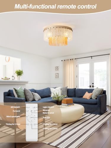 Image of 20 inch Gold Fandelier Ceiling Fan with Light,Gold Crystal Flush Mount Ceiling Fans with Lights and Remote Control,Mid-Century Modern Caged with 6 Speeds for Living Room Bedroom Nursery