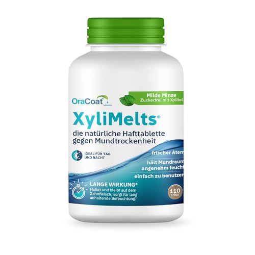 XyliMelts Milde Minze 110 Stück [VORTEILSPACKUNG] - Hafttabletten gegen nächtliche Mundtrockenheit - befeuchten im Schlaf den Mund 4-8 Stunden - dezenter Minzgeschmack - gegen trockenen