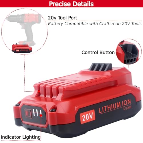 Image of Tulepowceeng 2 Pack 20V 3.0Ah Lithium Replacement Battery Compatible with Craftsman 20v V20 Cordless Power Tools, Replacement for V20 20V Battery CMCB202 CMCB201 CMCB204 CMCB206