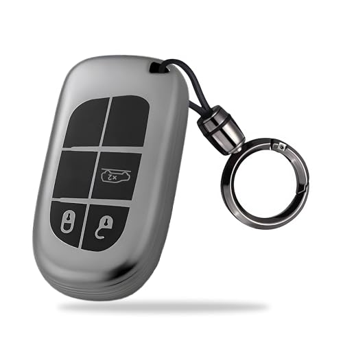 Image of SIAGO TPU Key Cover and Round Key Chain Compatible with Jeep Meridian, Compass, Trailhawk 3 Button Flip Key (Grey)