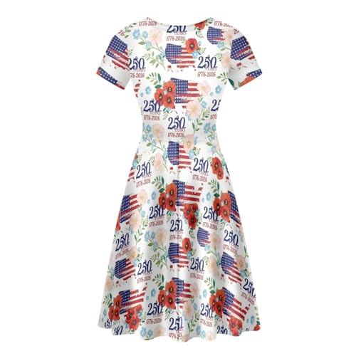 Image of POLERO Women Puffy Swing Elegant Party Midi Dresses Short Sleeve Round Neck A-Line Dress