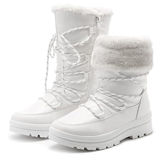 HEAWISH Botas femininas de inverno para neve forradas com pele, cano médio, Branco, 7
