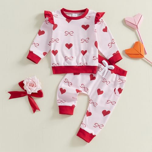 DuAnyozu Baby Girl Valentines Outfit Winter Clothes Heart Print Long Sleeve Sweatshirts Pants Toddler Infant Clothing2