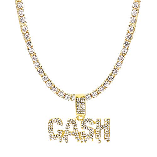 HH Bling Empire Unisex Hip Hop Iced Out Silver Gold Cz Diamond Bubble Dripping Full Name Letters Words Pendant Chain Necklace (Cash - Gold, with Tennis)