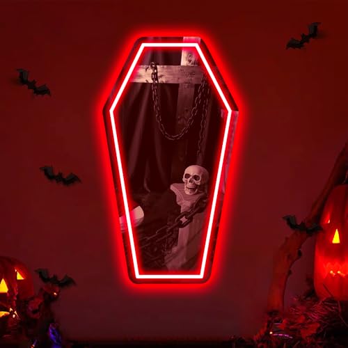 Image of Coffin Mirror Neon Sign, Coffin Neon Signs for Wall Decor, Goth Neon Sign Gift for Goth Lovers, Coffin Make-up Mirror Whimsical Goth Home Decor 17″x9.44″