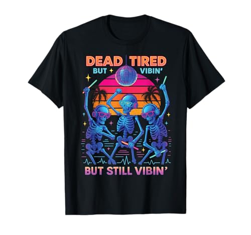 Retro Skeleton Rave Party Glow in Dark Halloween Tee...