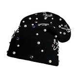 HENWASAI Unisex Slouchy Beanie Hat Streetwear Knitted Beanie with Rhinestone and Pearl Hip Hop Crochet Hat Snugcap (Black)