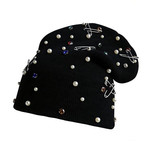 HENWASAI Unisex Slouchy Beanie Hat Streetwear Knitted Beanie with Rhinestone and Pearl Hip Hop Crochet Hat Snugcap (Black)