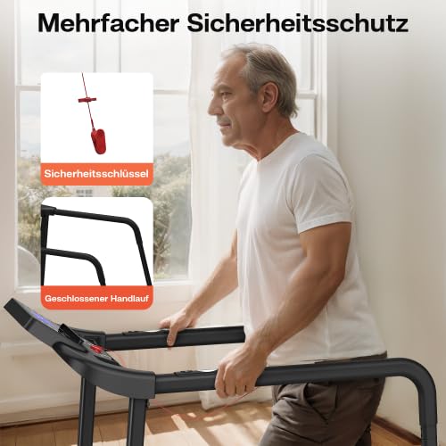 Walking Pad Laufband für Senioren mit Langen Handläufen, klappbar, 135 kg Belastbarkeit, großes LED-Display, extra breite Lauffläche, APP, Fitnessgerät für Zuhause