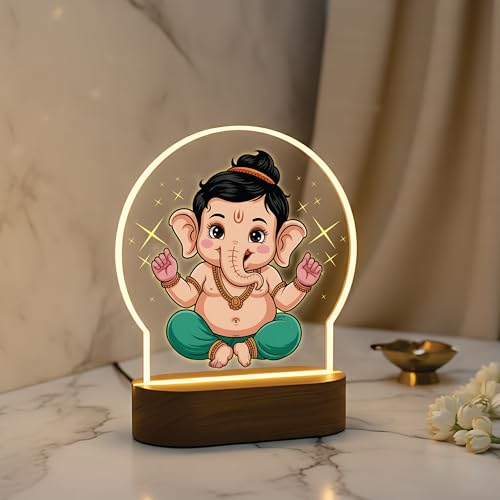 Image of Giftplease Cute Baby Ganesha Printed LED Night Light - Bal Ganpati Lamp with Warm Glow - Divine Kids Room Decor, Birthday Gift, & Office Good Luck Charm GL 05