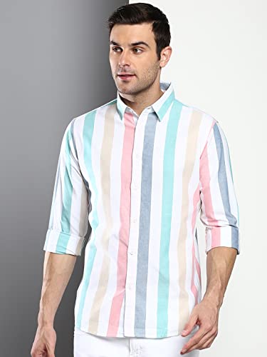 Image of Dennis Lingo Men's Striped Slim Fit Oxford Cotton Casual Shirt with Spread Collar & Full Sleeves
