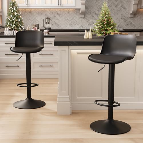 Rowill Taburetes de bar negros para isla de cocina, juego de 2, taburetes de bar giratorios de piel sintética con respaldo y reposapiés, taburetes de bar modernos, taburetes de altura de mostrador