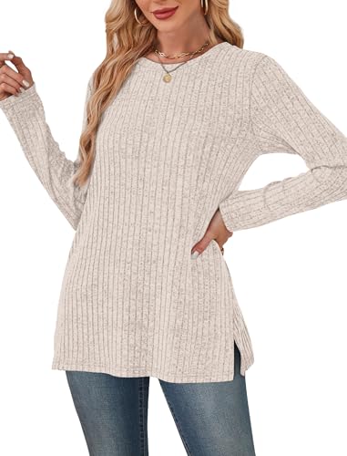 SAMPEEL Womens Sweaters Crewneck Long Sleeve Shirts with Pockets Fall Outfits 2025 Fashion Winter Clothing Side Slit4