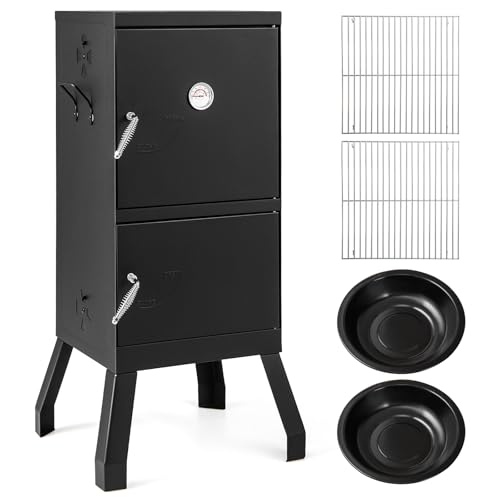 Giantex Outdoor Smoker with Double Doors, 2 Detachable Grill Netting Smoking Racks, Charcoal Pan & Water Pan, 4 Air Vents, Thermometer, Vertical Charcoal Smoker for Barbecue Camping Backyard Grill