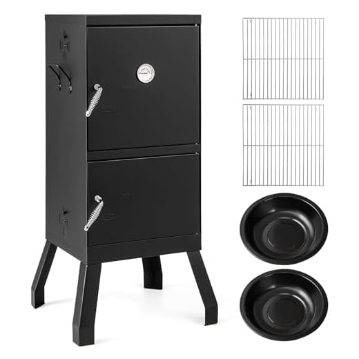 Giantex Outdoor Smoker with Double Doors, 2 Detachable Grill Netting Smoking Racks, Charcoal Pan & Water Pan, 4 Air Vents, Thermometer, Vertical Charcoal Smoker for Barbecue Camping Backyard Grill