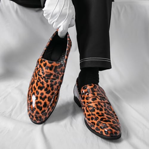 Men's Fashion Leopard Leather Slip-On Lightweight Dress Penny Loafer Shoes Tuxedo Round Toe Low Top Non-Slip Casual Smoking Shoes for Dating Dress Wedding Party Prom3