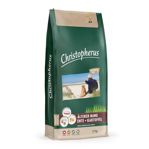 Christopherus Grainfree Senior, Vollnahrung für futtersensible Hunde ab dem 6. Jahr, Trockenfutter, Ente + Kartoffel, Krokettengröße ca. 1 cm, Älterer Hund, 12 kg