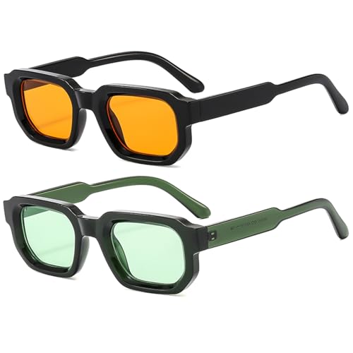 Retro Chunky Rectangle Sunglasses for Men Women Trendy Small Square Thick Sun Glasses Hexagon Shade