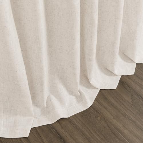 Image of Extra Long Tan Beige Curtains 144 inch Length 2 Panels Set Back Tab Neutral Farmhouse Drapes Light Filtering Semi Sheer Linen Curtain 144 inches Long for Floor to Ceiling Window Patio Sliding Door