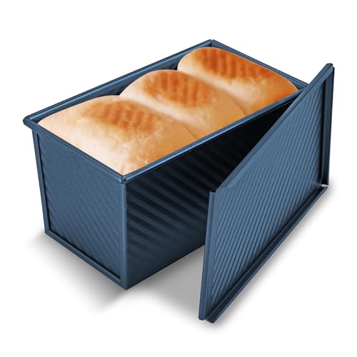Image of KITESSENSU Pullman Loaf Pan with Lid, 1 lb Dough Capacity Non-Stick Bakeware for Baking Bread, Carbon Steel Corrugated Bread Toast Box Mold with Cover,Blue | Nonstick Carbon Steel Japanese Milk Bread Loaf Pan, Square Toast Mold for Sandwich Bread, Sourdough Loaves & Homemade Bread