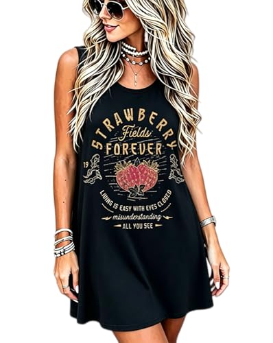 Image of Vintage Rock Country Music Dress for Women Rock Concert Band Graphic Tshirt Casual Letter Print Short Dress