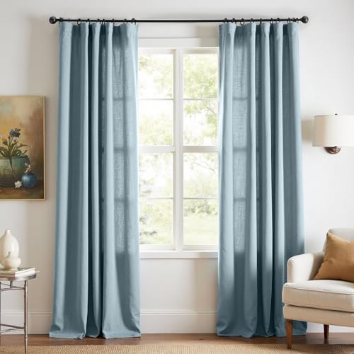 jinchan Blue Linen Blend Curtains 84 inch Length 2 Panels for Bedroom Living Room, Light Filtering 50 inch Wide Farmhouse Drapes with Rod Pocket Back