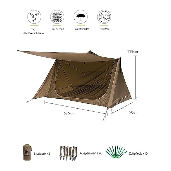 OneTigris Shelter tent lichte werptent voor 2 personen, waterdicht, 4 seizoenen, bushcraft, tenten voor kamperen, wandelen, herbruikbare verpakking