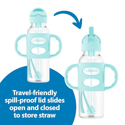 Dr. Brown's Narrow Sippy Straw Bottle with Handles, Gray & Green, 2-Pack - image 4