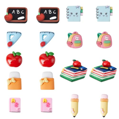 SUNNYCLUE 1 Box 36Pcs 9 Styles Resin Cabochons Teacher's Day Charms Cute Flatback School Study Supplies Mini Ruler Eraser Pencil Notebook Cabochon for Scrapbooking Embellishments DIY Craft Hairpins