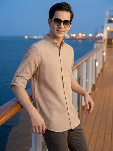 Image of Thomas Scott Men's | Solid | Textured Fabric | Full Sleeve | Slim Fit | Polyester-Blend | Spread Collar | Casual Shirt