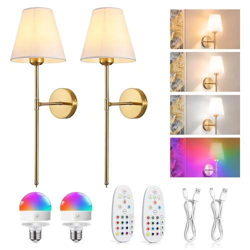 ChaneeHann Rechargeable Wall Lights, Wireless Wall Sconces Set of 2, Infinitely Dimmable with Remote, 12 Colours RGB & 3 Colour Temperatures, Timer Wall Lamps for Bedroom Bathroom Hallway, Gold