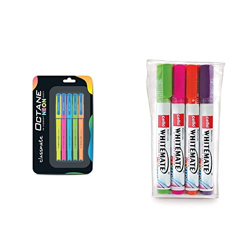 Image of Classmate Octane Gel Pen (Blue)- Neon Series- Pack Of 5 & Cello Whitemate Vivid Whiteboard Marker (4 Vivid Ink Colors - Orange, Magenta, Violet, Lime) | Stati