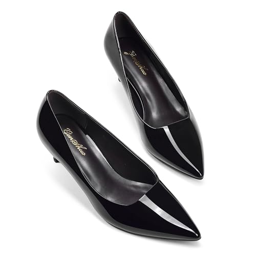GENSHUO Damen Pumps Kitten Heel 5cm Spitze Zehen Slip On Bequem Büro Arbeit Hochzeit Alltag Elegante Low Heel Schuhe, Schwarz Lack, 39 EU