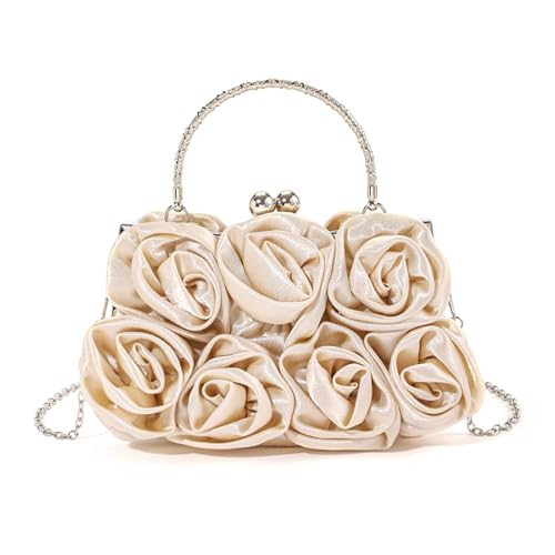 FHGSPQWM Bolso de mano de satén adornado con rosas 3D para novia y fiesta de noche, correa de cadena, bolso de mano, bolso de mano, boda, fiesta, albaricoque