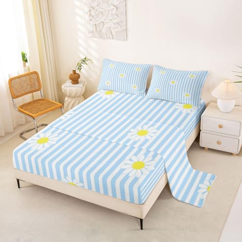 Homemissing Juego de sábanas de margaritas, tamaño individual, juego de cama a rayas azules para niños y niñas, patrón de flores de flores, sábana bajera ajustable con estampado floral botánico