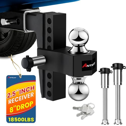 Adjustable Trailer Truck Drop Hitch Fits 2.5 inch Receiver, 8-Inch Drop & Rise Dual Ball Mount (2