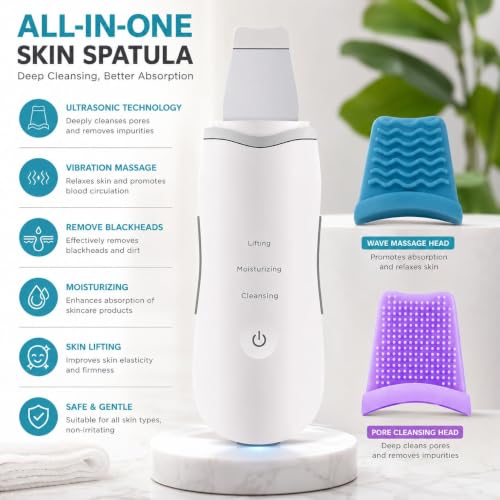 Image of AJIGNA MART Skin Scrubber, Ultrasonic Exfoliator 3 Modes, Blackhead Remover, Pore Cleaner, Face Wash Spatula with 3 Modes, Face Skin Spatula USB Charging, Suitable for All Skin Types