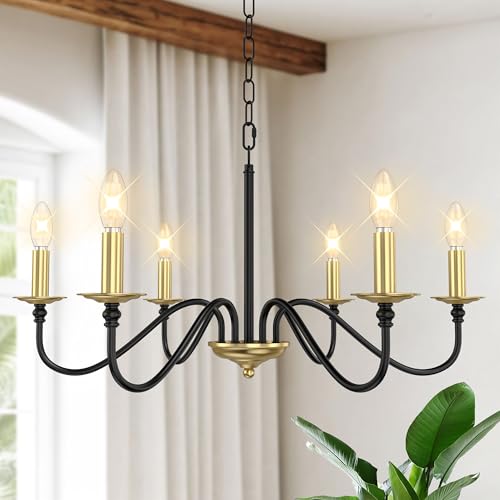 Image of Phaosio Rustic Farmhouse Candle Chandelier for Dining Room, 6-Light Rustic Black Iron Light Fixture with Classic S-Arm Design for Kitchen Island, Living Room, Foyer-Black and Gold