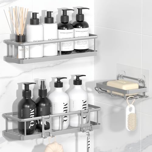 Image of YASONIC Shower Caddy Adhesive, No Drill Bathroom Organizers, with Removable Hooks and Soap Holder, Rust Proof Shelves, Wall-Mounted Holder, 3 Pack, Grey