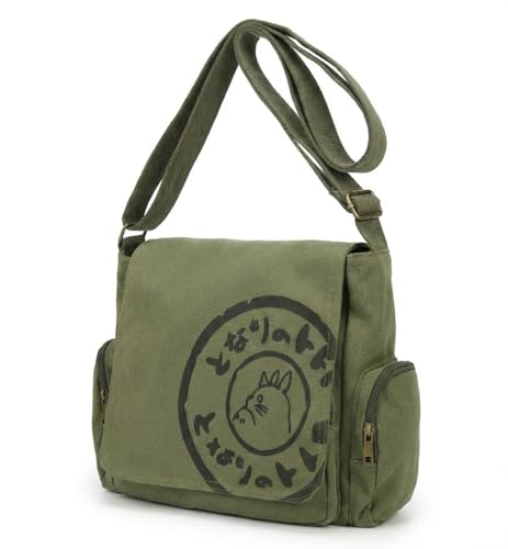 Zxtvmn Bolsas mensageiro japonesas de lona My Neighbor 2012 com desenho animado para estudantes bolsas transversais com vários bolsos, compatível com a bolsa My neighbor totoro (cáqui)