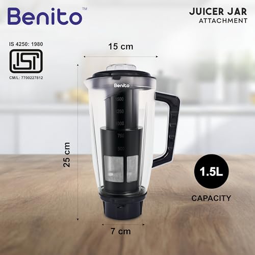 Image of Benito Prime Filter Polycarbonate Juicer Jar (1.5L) for Mixer Grinder - Compatible with 4-Teeth Coupler & Dual Locking System.