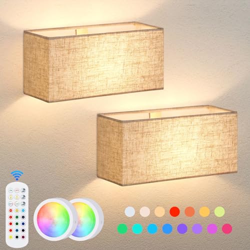 Image of VerRon Battery Operated Wall Sconces Set of 2 with Remote and Fabric Shade | 15 Color Changeable, Dimmable, Wall Mounted Lamps with Magnetic Bulbs for Bedroom Living Room Hallway, Rectangular Lampshade