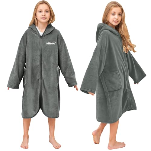 Hiturbo Kids Hooded Towel Robe: Changing Zipper Bath Robe Poncho Towelling for Swimming Beach Surfing Home Gray