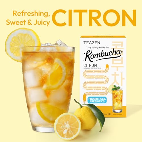 Image of TEAZEN Citron Kombucha Tea, Hydration Drink Mix, Sugar Free, Live Probiotics & Prebiotics, 10 Sticks, 1.76oz