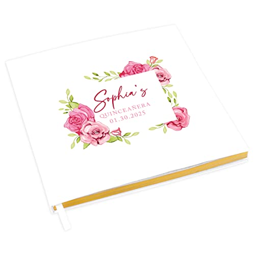 Andaz Press Personalized Quinceañera Guest Book with Gold Accents, Pink Watercolor Roses 120 Pages 8.5"x8.5" Hard Cover Photo Album for Mis Quince Años XV Sweet 15th Birthday Decorations, 1-Pack -  Koyal Wholesale, A3PP08829