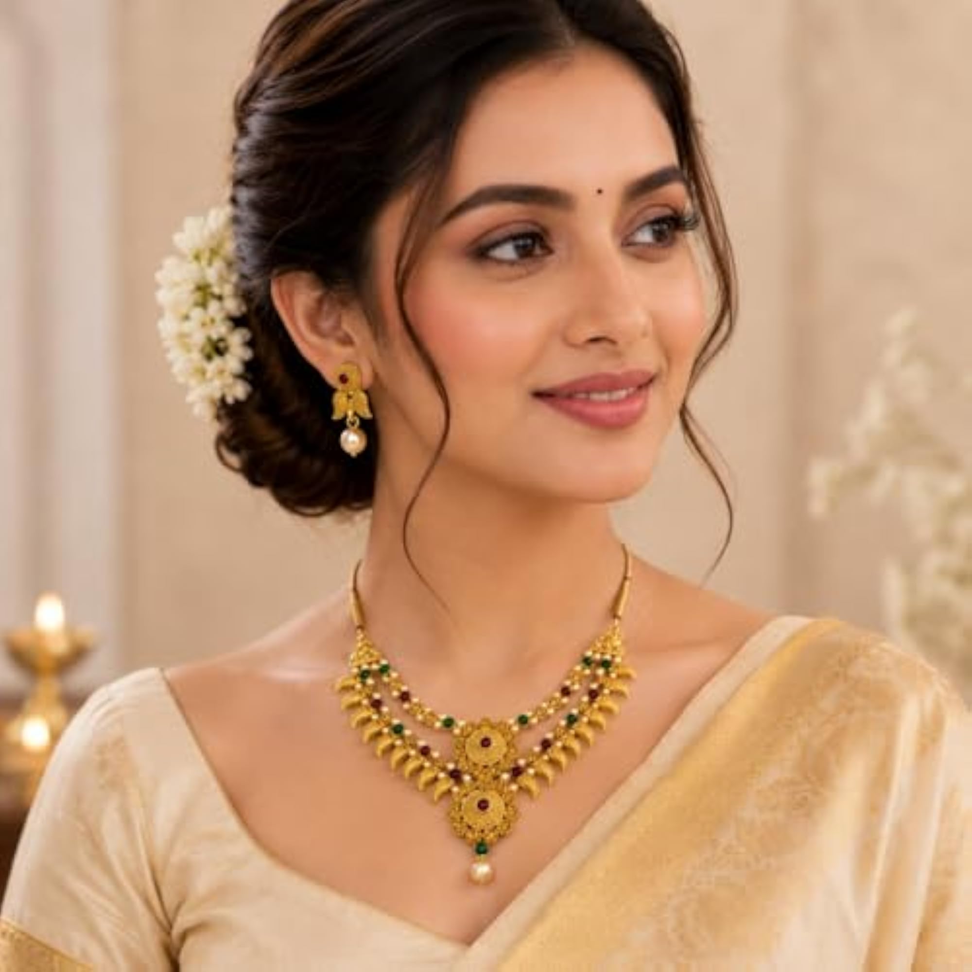 Traditional Temple Style Necklace Set with Pearl & Colored Stone Earrings